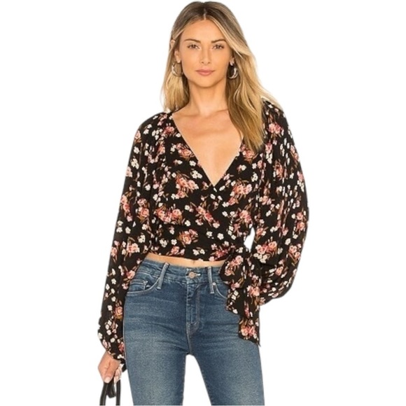 A.L.C. | REVOLVE Carla Silk Floral Wrap Crop Top | Balloon Sleeve Black Blouse 6 - Picture 4 of 14